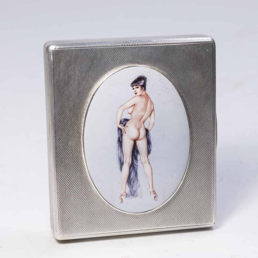 Mappin & Webb English Sterling Silver Case: With nude picture and gold clasps, added later. Approx. 3 5/8" x 3 1/8". Approx. 189 grams.