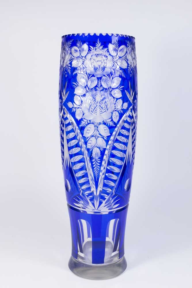 Large Cobalt & Clear Cut Crystal Vase (1 of 3)