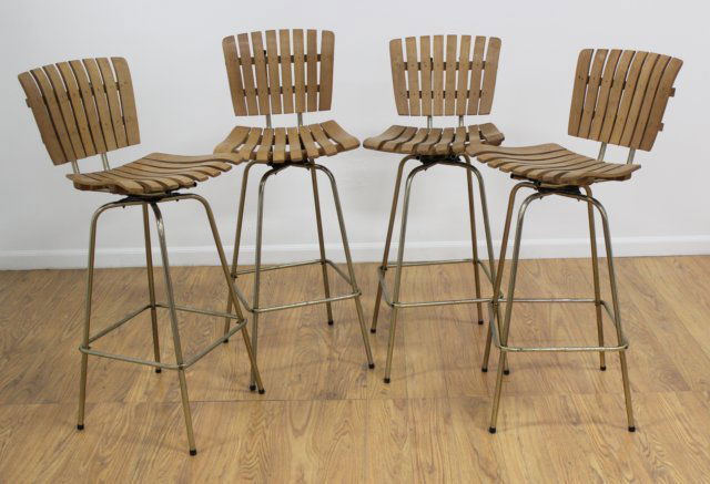 Set 4 Mid Century Teak & Brass Swivel Bar Stools (1 of 4)