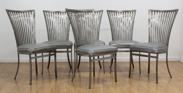 Set 6 Steel Dining Room Chairs: Slat back. Silver cushions. Approx. 38" H.