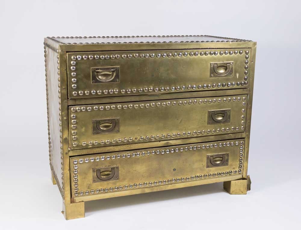 70s Brass Veneered Jewelry Chest: Approx. 14" H x 17" W x 9 1/2" D. Property from a NYC estate. Veneer lift on front right foot. Some nicks and dents due to age.