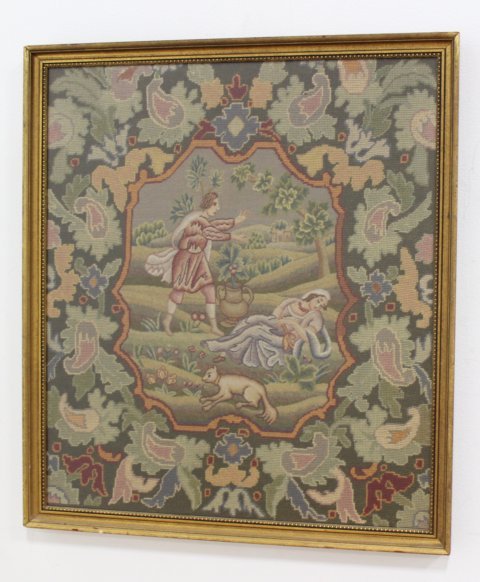 Framed Belgian Hand Woven Needlepoint: Courting scene. Approx. 29" H x 33" W unframed, 31" H x 35" W framed.