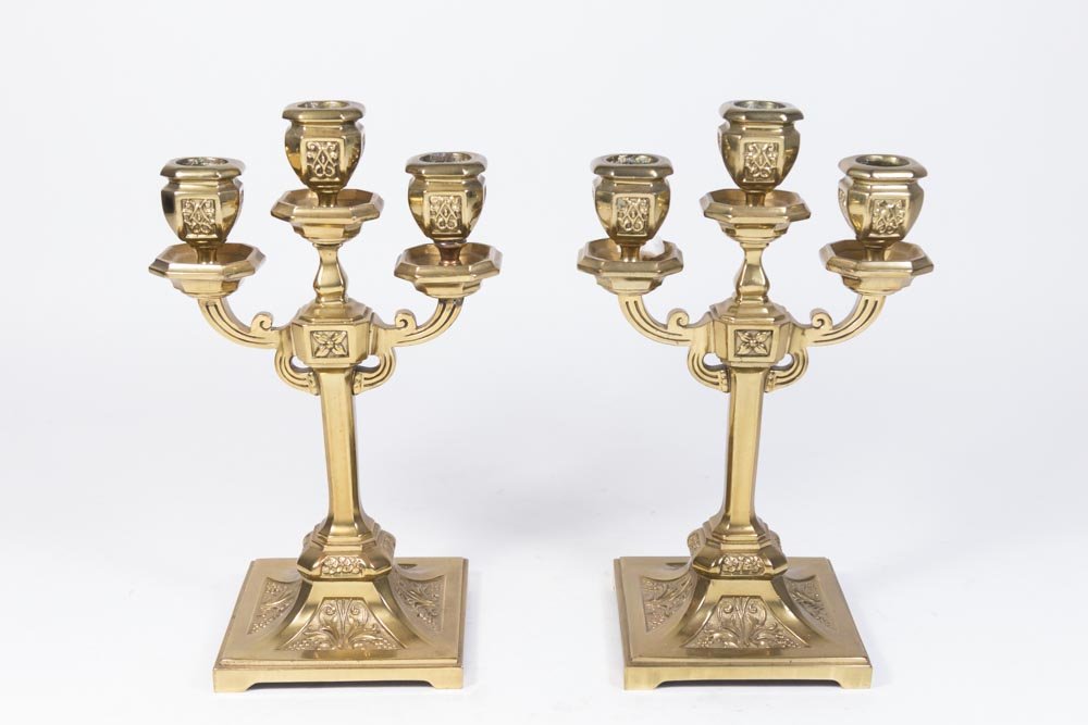 Pair 3-Arm Bronze Floral Decorated Candelabra (1 of 4)