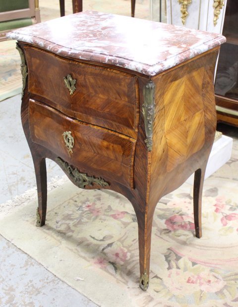 Louis XV Style Small Commode: Bronze mounted. 2 drawer. Marble top.