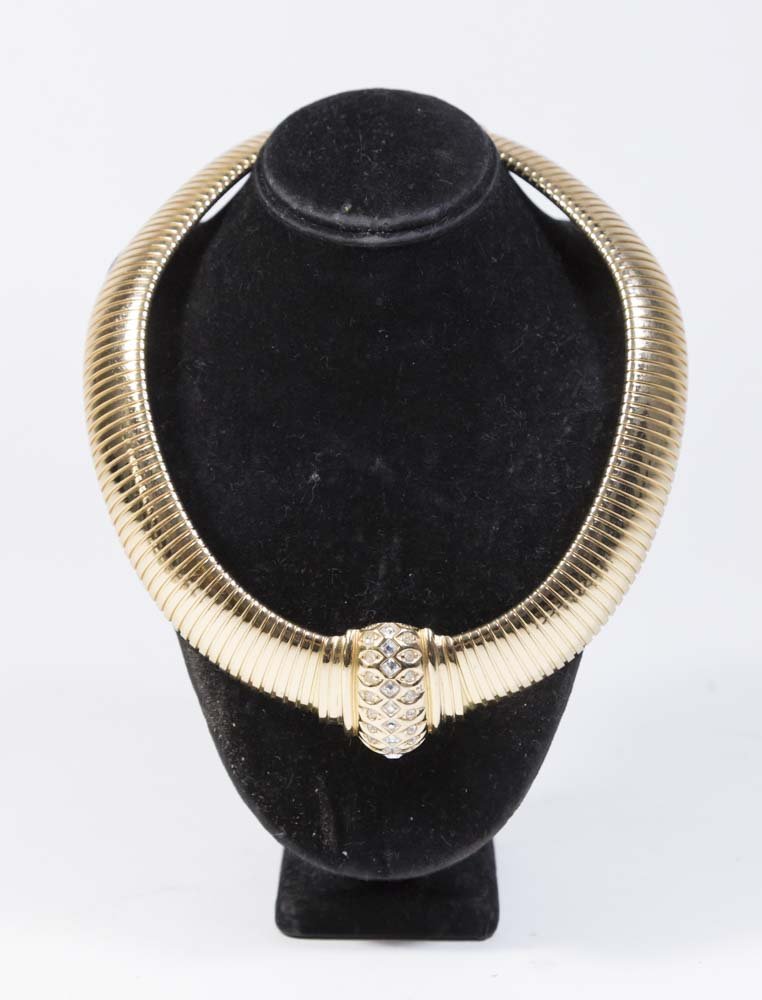 Christian Dior Gold Tone Omega Chain Choker: Choker necklace with center stone design.