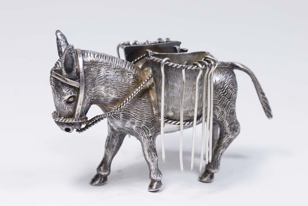 Sterling Silver Mexican Donkey Pick Holder: With 6 picks. Approx. 3" H x 4 1/2" L. Approx. 6.25 ozt.