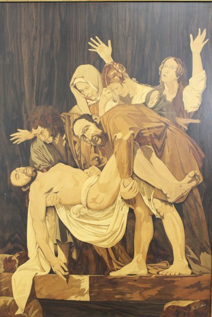 Inlaid Marquetry Wood Plaque, Death of Jesus (1 of 3)