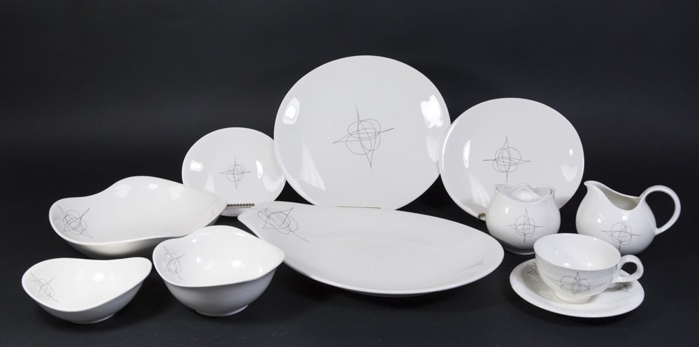 Eva Zeisel Hallcraft Fantasy Dinnerware: Service for 12. Including 12-11" dinner plates, 12-8 3/4" luncheon plates, 12-6 1/2" dessert plates, 12 soup bowls, 12 ice cream bowls, 12 cups & saucers, sugar & creamer, 9 3/4" serving bowl, and 15