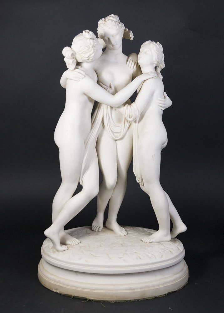 Parian Sculpture of 3 Graces: Late 19th century. Approx. 20" H. From a Monroe Township, NJ estate. (5214) Small flake on base.