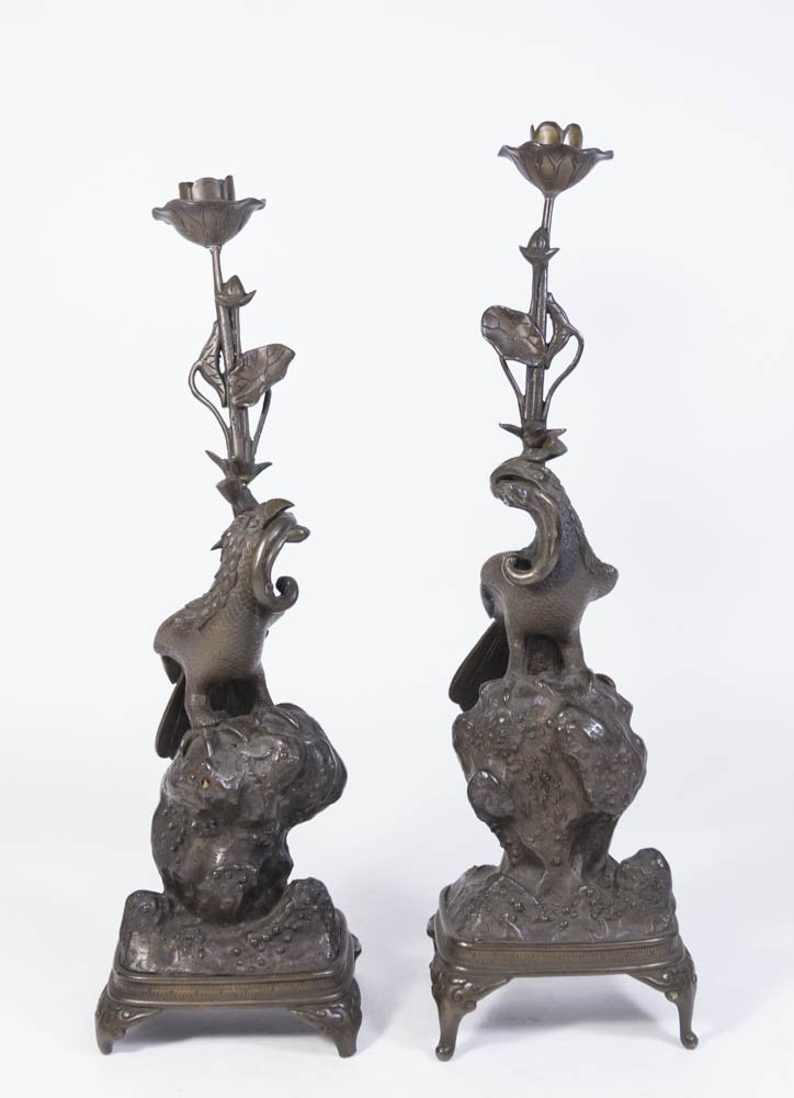 Pair Oriental Bronze Candlesticks with Birds (1 of 5)