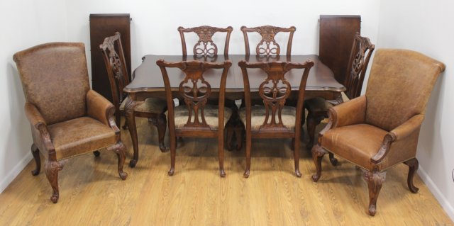 Chippendale Style Mahogany Dining Room Set: Contemporary. Consisting of table, approx. 30" H x 76" L x 46" W, with 2 leaves, each approx. 18" L; and 8 chairs, including 2 leather armchairs.