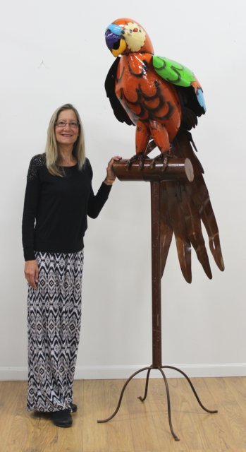Perched Hand-Painted Metal Parrot on Stand (1 of 3)