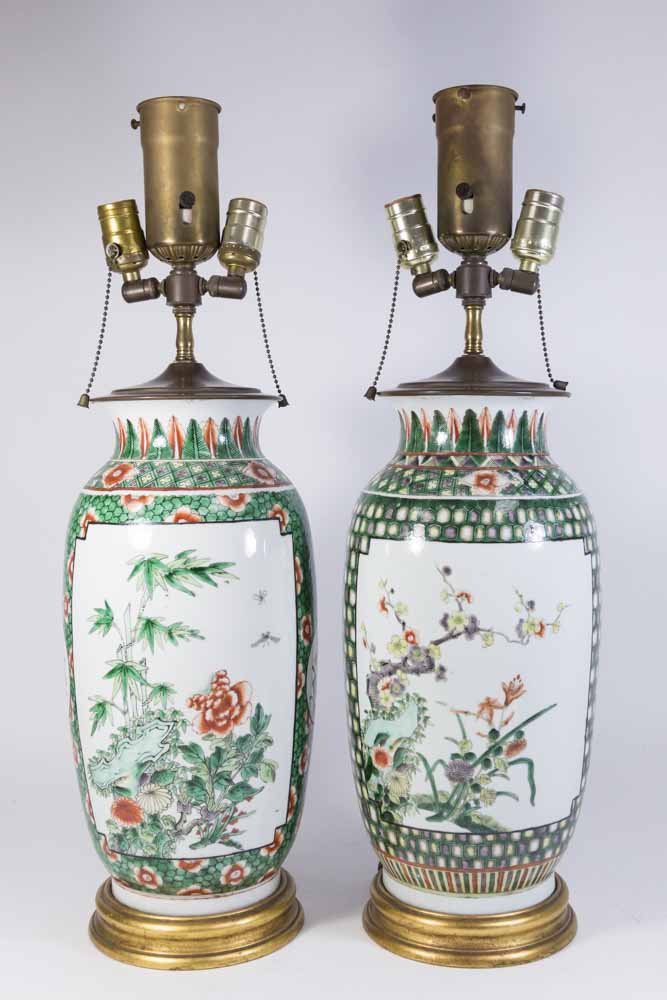 Pair Chinese Porcelain 2-Panel Famille Rose Vases: Mounted as lamps. Vases measure approx. 16" H.