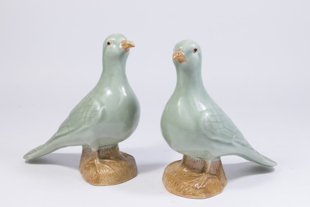 Pair Celadon Chinese Porcelain Ducks (1 of 2)