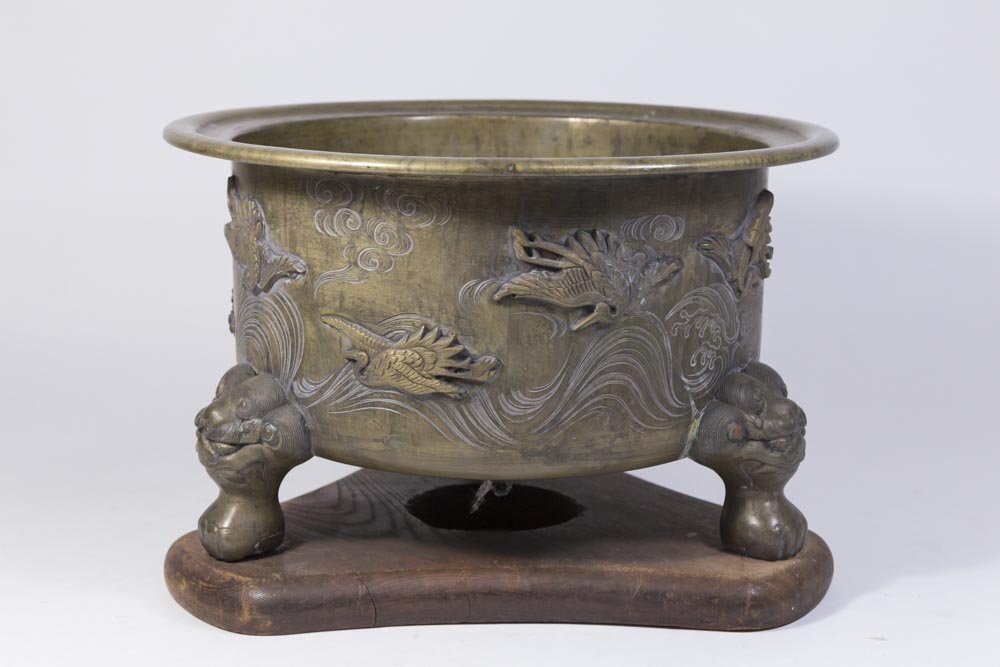 Asian Tripod Bronze Incense Burner on Wood Stand: Approx. 9 1/2" H with stand x 14" W.