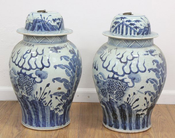 Pair Blue & White Chinese Porcelain Covered Vases (1 of 2)
