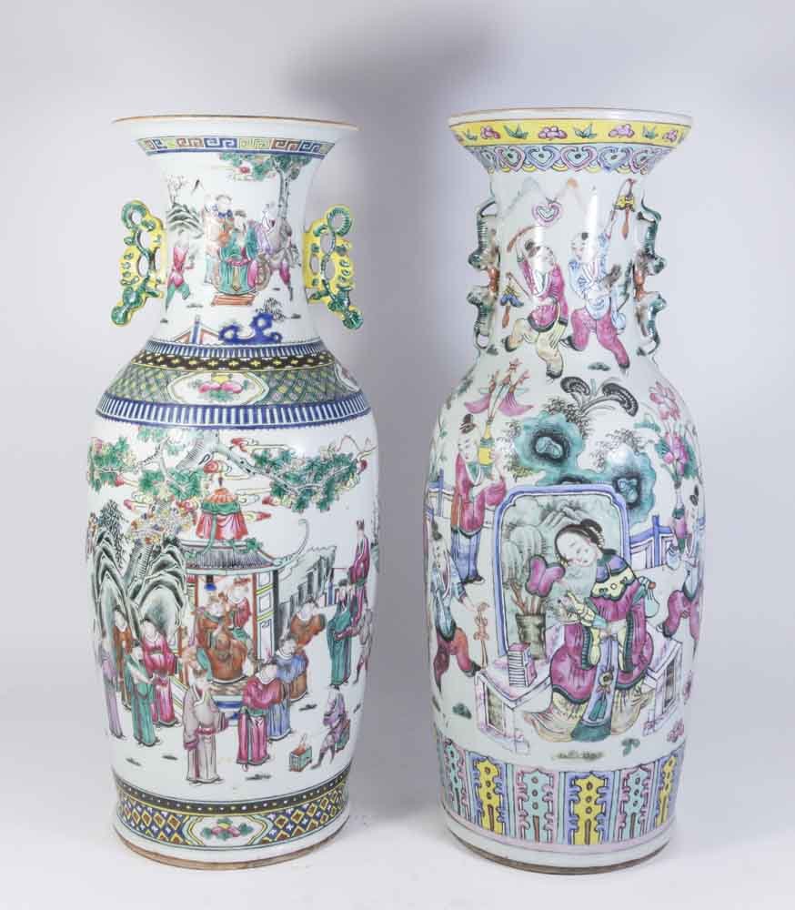 Two Chinese Famille Rose Porcelain Vases: Decorated with court scenes. Drilled for electricity. Approx. 23" H. Property from the estate of Kurt Thomas. 1 with hairline crack.