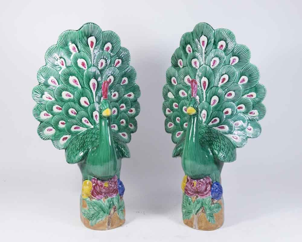 Pair Chinese Porcelain Peacocks: Green ground. Approx. 19" H. Property from the estate of Kurt Thomas.