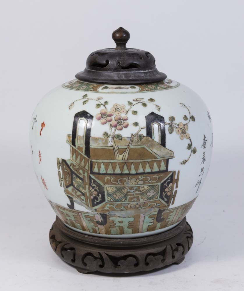 Chinese Porcelain Ginger Jar: With wooden stand and lid. Approx. 10 3/4" H. Property from the estate of Kurt Thomas.