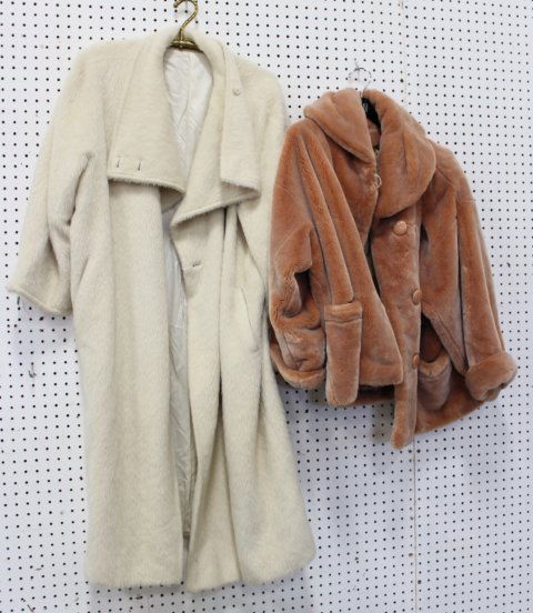 2 Women's Designer Coats: Including Max Mara off-white fuzzy coat and Jean Louis de Paris dusty salmon teddy bear fur coat.