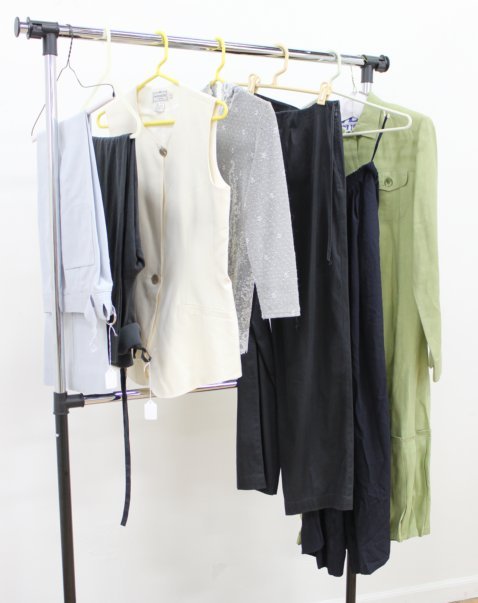 7 Women's Vintage Designer Casualwear Pieces: Including DKNY navy blue silk elastic waist trousers, size P; Etincelle Couture Paris grey floral stretch lace look hooded shirt; Max Mara Weekend black cotton pants; DKNY Pure black linen & cotton le