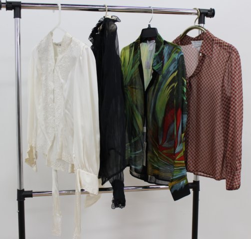 4 Women's Vintage Designer Silk Blouses: Including Chanel black ruffle with undershirt cami, size 36; Luca Luca abstract print, size 46; Max Mara burgundy & camel houndstooth print; and Hanae Mori white floral embroidered tie-back.