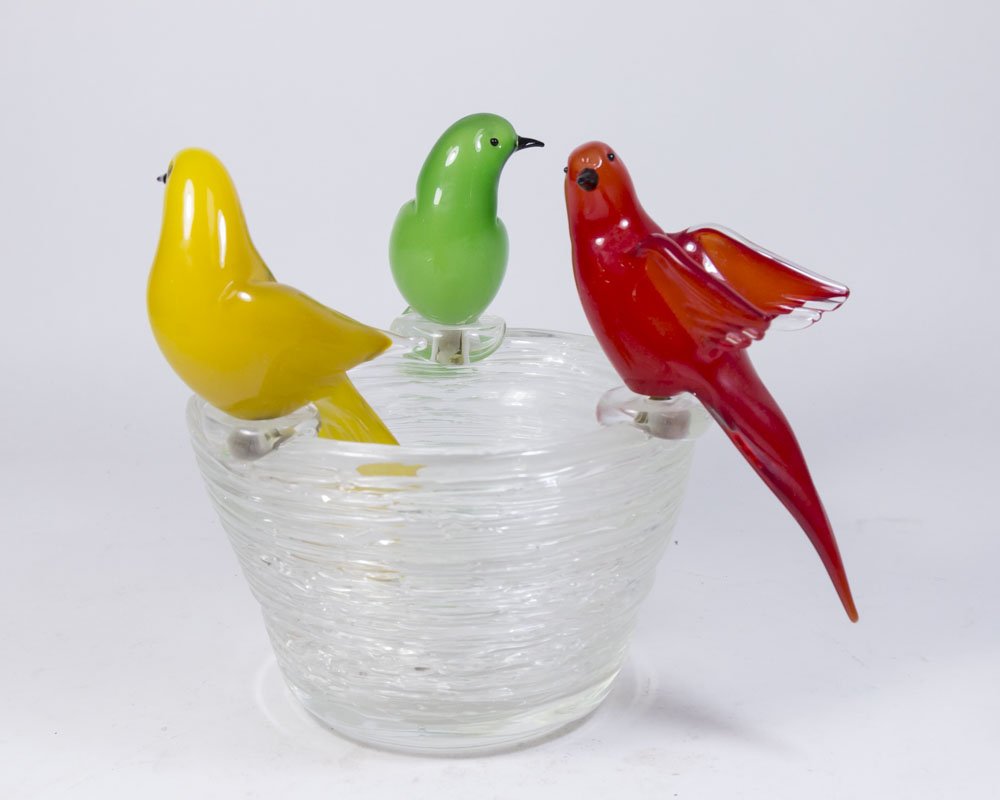 Murano Glass Bowl by Formia: Surrounded by birds. Labelled Formia Vetri Murano. Approx. 9" H. Property from the estate of Kurt Thomas.