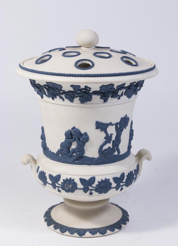 White Jasperware Vase w/ Blue Cherubs & Frog Cover (1 of 6)