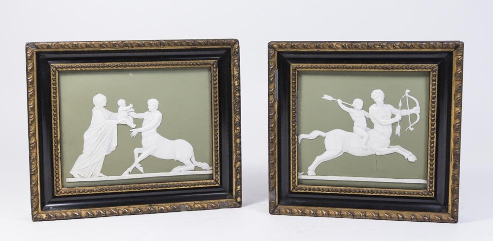 Pair Wedgwood Green & White Mythological Plaques: In gilded and ebonized frames. Approx. 5 1/4" H x 5 1/2" W without frames, 5 1/2" H x 6 1/2" W with frames. From a Monroe Township, NJ estate. (5214) Minor losses to frames.