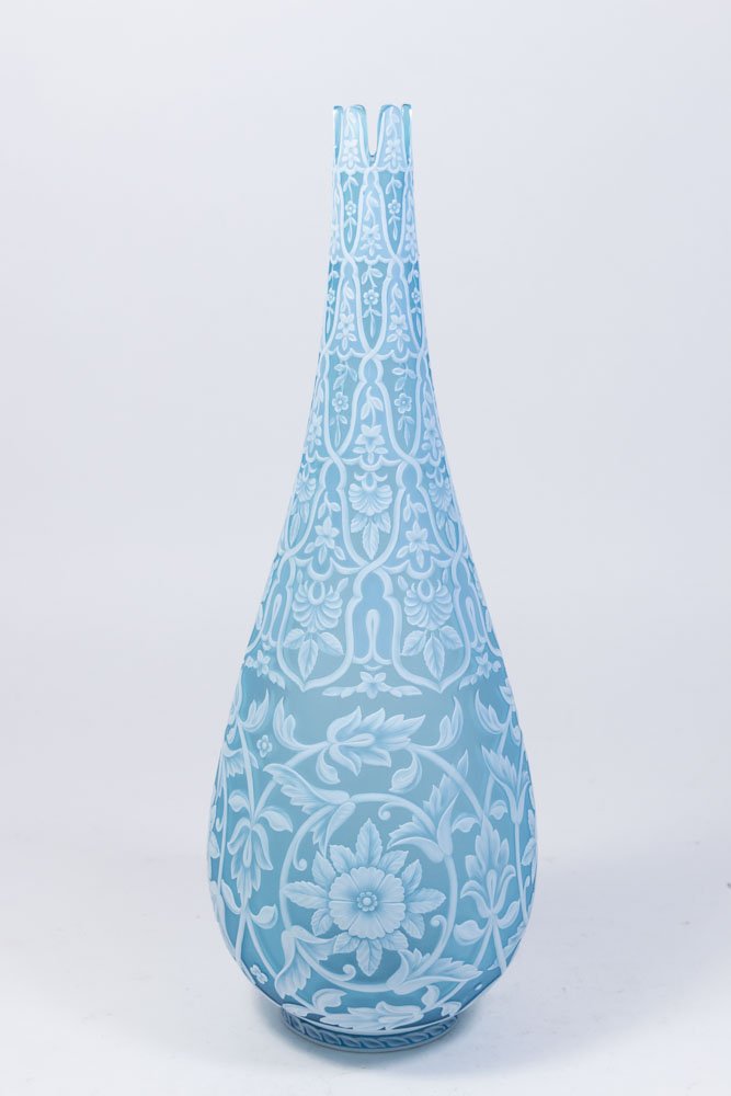 Thomas Webb & Sons Cameo Enameled Blue Vase: Signed. Floral design. Approx. 13" H. Good condition.