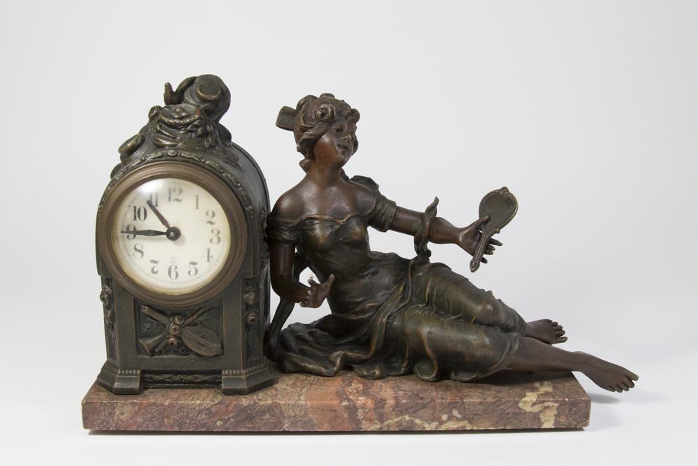 Gilt Metal Art Nouveau Figural Mantel Clock (1 of 8)