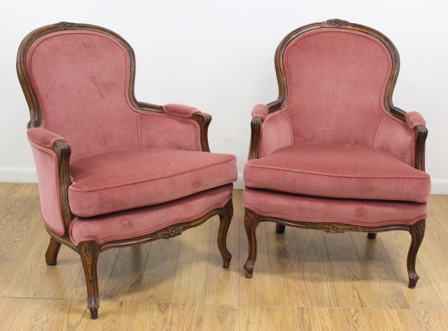 Pair Red Crushed Velvet Walnut Frame Chairs (1 of 2)