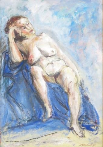 :Ira Moskowitz, "Blue Nude": Oil on canvas. Framed. Signed & dated 1965 lower right. Ira Moskowitz, Polish American (1912-2001). Approx. 25" H x 17" W unframed, 33" H x 25" W framed.