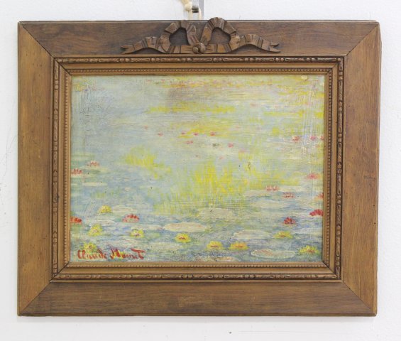 After Claude Monet, Lily Pond, Giverny: Oil on canvas. Gallery label. Approx. 11 1/2" H x 15 1/2" W without frame, 17" H x 21" W framed.
