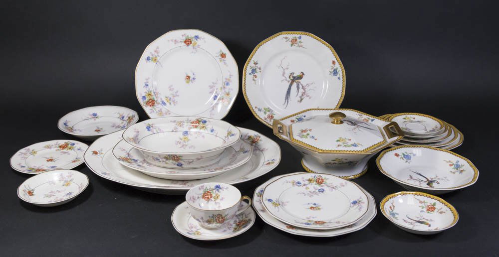 2 Theodore Haviland Limoges Dinnerware Sets: Including "Eden" pattern: 9 dinner plates, 8 luncheon plates, 11 soup plates, one covered tureen, 7 salad plates, 10 fruit bowls, 6 saucers, 6 underplates, and 6 demitasse saucers. And "Jewel" pattern