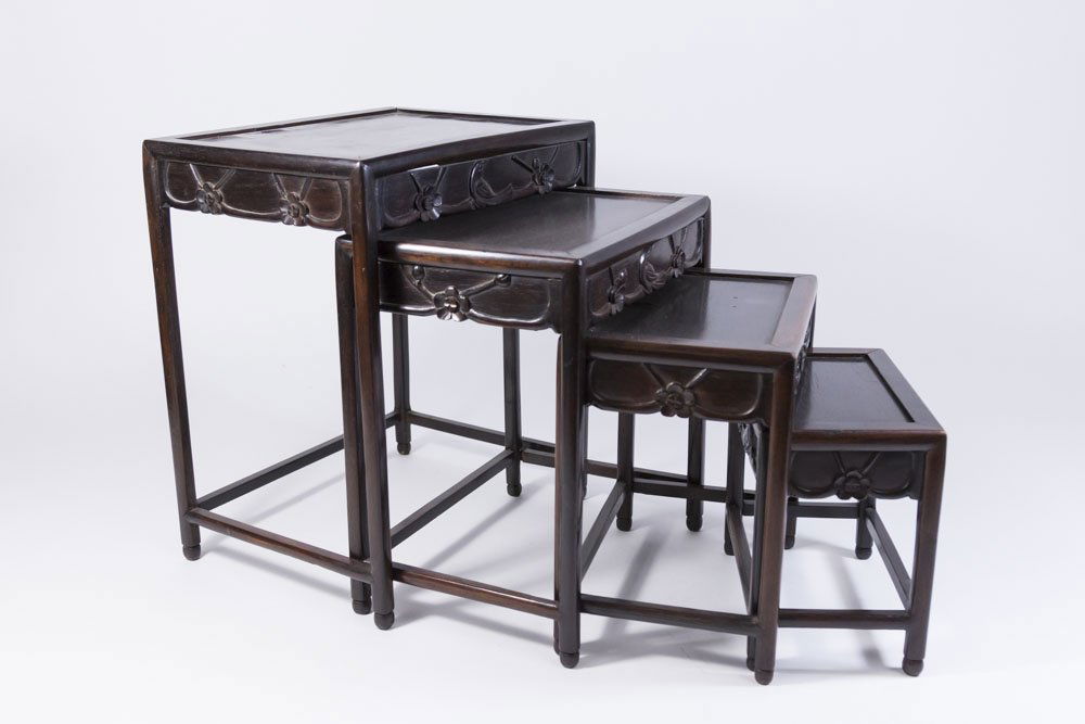 Nest of 4 Small Carved Hardwood Tables (1 of 4)