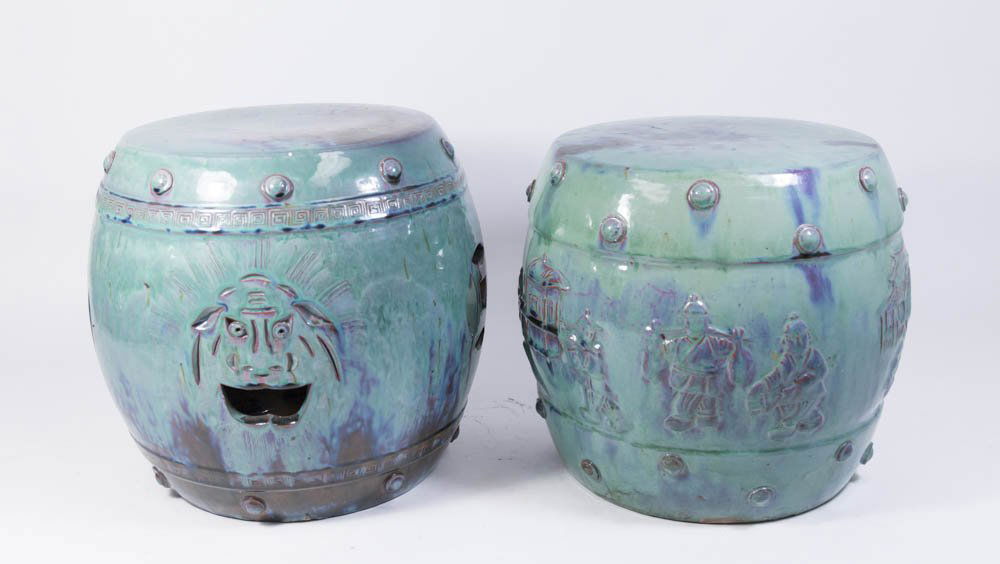 Pair Chinese Pottery Blue-Green Garden Benches (1 of 5)