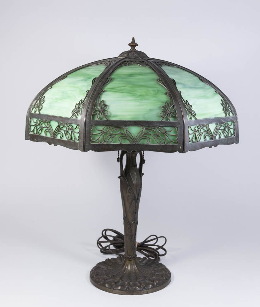 Miller 8-Panel Green Slag Glass White Metal Lamp: Approx. 21 1/2" H x 16 1/4" W. Property from the estate of Kurt Thomas.