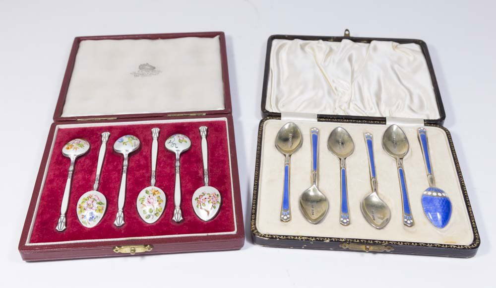 2 Sets of English Sterling Silver Enameled Spoons (1 of 5)