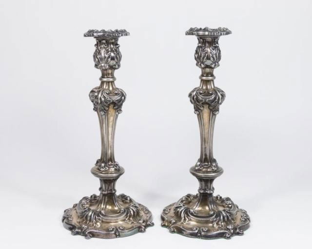 Pair Silvered Bronze Rococo Candlesticks (1 of 3)
