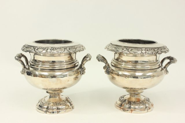 Pair Silverplated Wine Coolers: Approx. 10" H x 11" handle to handle.
