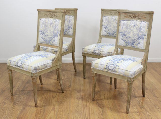 4 Empire Style Grey Painted Chaises: Approx. 39 1/2" H x 19 1/2" W x 19 1/2" D. From the estate of Arthur Adlman, New York, NY and Cascais, Portugal. (5229)