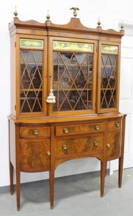 Federal Style Mahogany & Eglomise Breakfront: Inlaid. By Landstrom Furniture Co., Rockford, IL. Founded in 1879. Approx. 81 1/2" H x 52" W x 19" D.