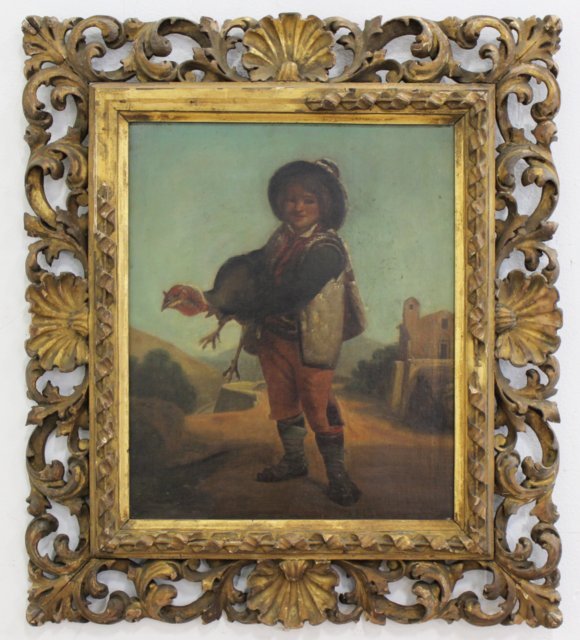 Gilt Framed Painting, Boy Holding Turkey (1 of 5)