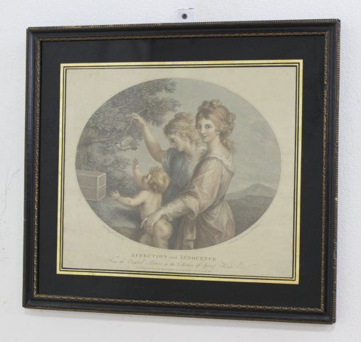 Francesco Bartolozzi, Affection & Innocence: Colored engraving. London 1810, published by Anthony Molteno. Francesco Bartolozzi (1727-1815). Approx. 12" H x 14" W sight, 17" H x 19" W framed. From the estate of Arthur Adlman, New York, NY and Ca