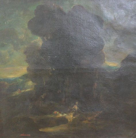 Attrib. Otto Maria Porsche, Landscape with Figures: Oil on canvas. Signed and dated 1923 lower left. Otto Maria Porsche (1832-1931). Approx. 51" H x 51" W unframed, 59" H x 59" W framed. Wear and cracking to canvas. Wear to frame.