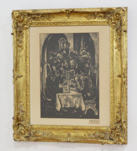 Max Weber, Rabbis Reading: Print. Ink signed lower right in English and Hebrew. Approx. 19" H x 13 1/2" W sight, 29" H x 25" W framed.