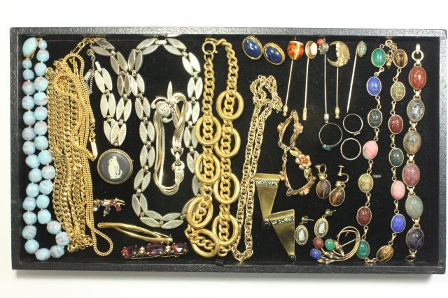 Tray Lot Vintage Costume Jewelry: Including sterling silver, scarab necklace, bracelet, & pin; Monet, Christian Dior, Napier, Sandor, Wedgwood, Moulin Rouge, and Krementz.