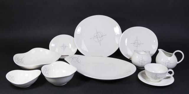 :Eva Zeisel Hallcraft Fantasy Dinnerware: Service for 12. Including 12-11" dinner plates, 12-8 3/4" luncheon plates, 12-6 1/2" dessert plates, 12 soup bowls, 12 ice cream bowls, 12 cups & saucers, sugar & creamer, 9 3/4" serving bowl, and 15