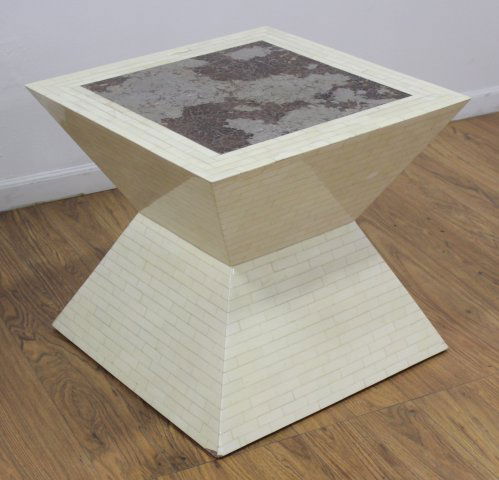 :Enrique Garcel Tessellated Bone Coffee Table: Circa 1970. Stamped made in Columbia. Approx. 22" H x 24" square. (5087)